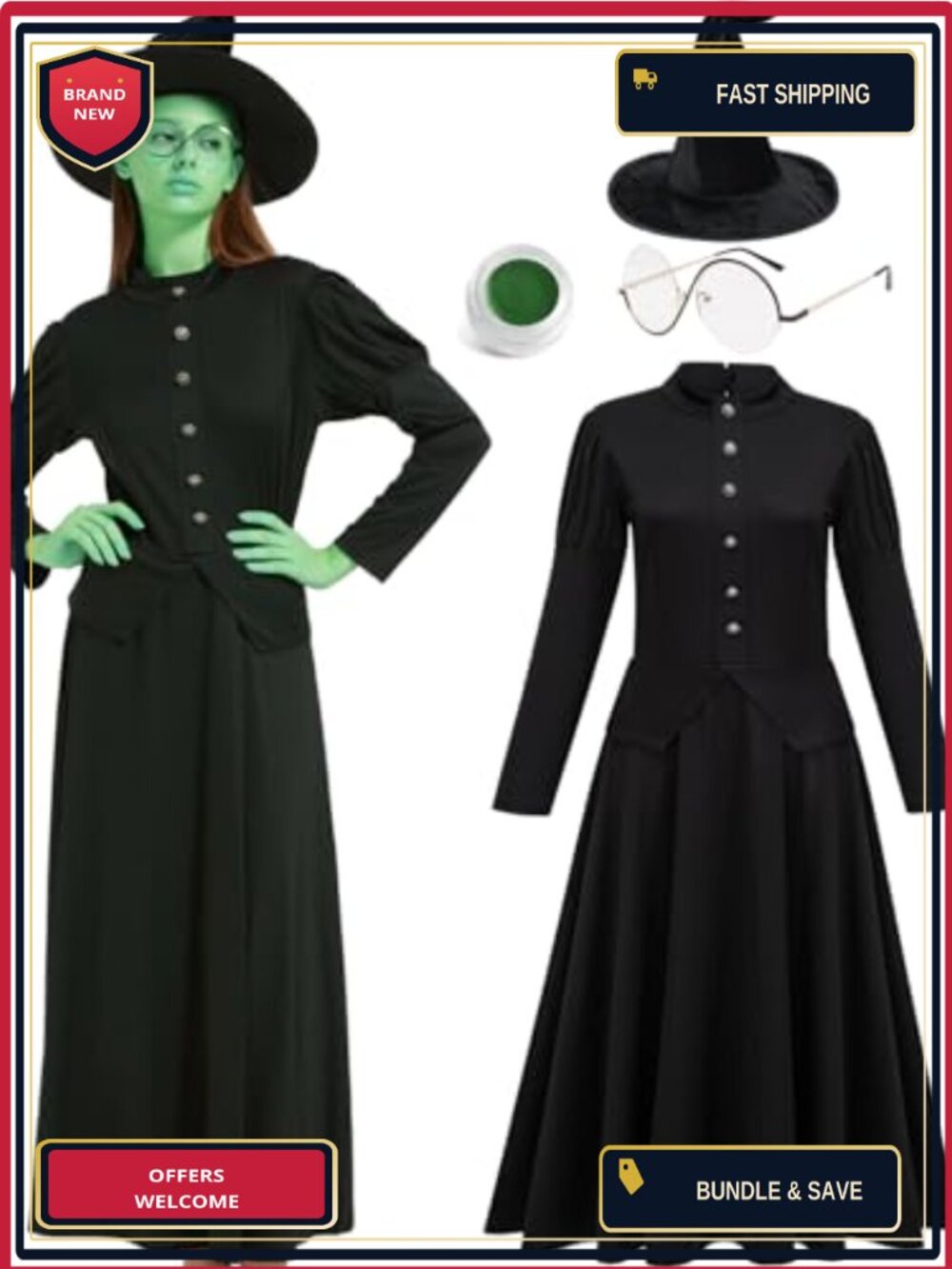 Wicked Witch Costume Set Adult Dress Hat Halloween Cosplay